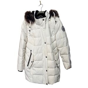 Arctic Expedition Women White Down Faux Fur Trim Hooded Puffer Parka Coat Size M